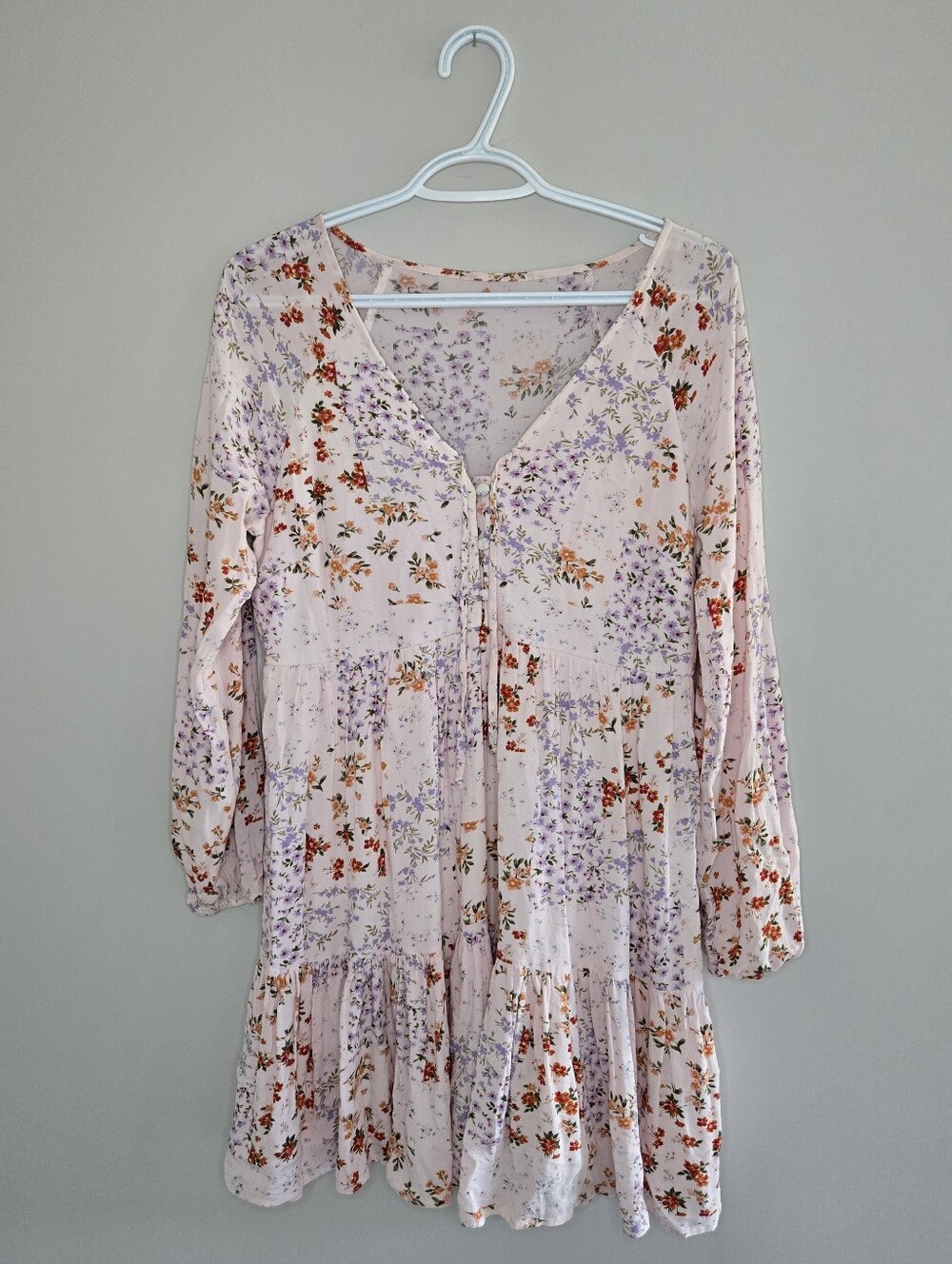 American Eagle Outfitters Pale Pink Floral Button-Front Tiered Long Sleeve Dress